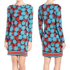 MICHAEL MICHAEL KORS MK McKenna Dress Blue Red Sea Coral Geo Preppy Long Sleeve
